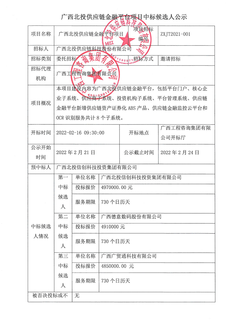 广西北投供给链金融平台项目中标候选人公示
